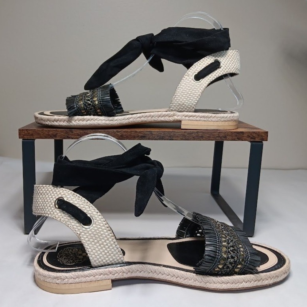 Vince Camuto Kimano Sandals Women 9.5 Black Gold Ankle Tie - Picture 2 of 10